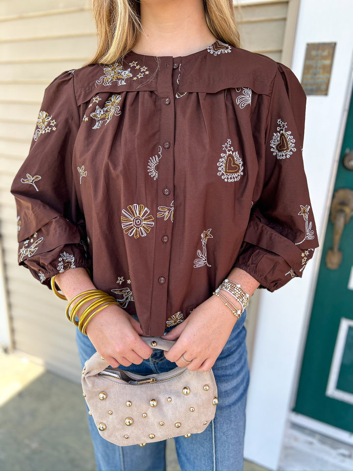 Brown Embroidered Icon Top