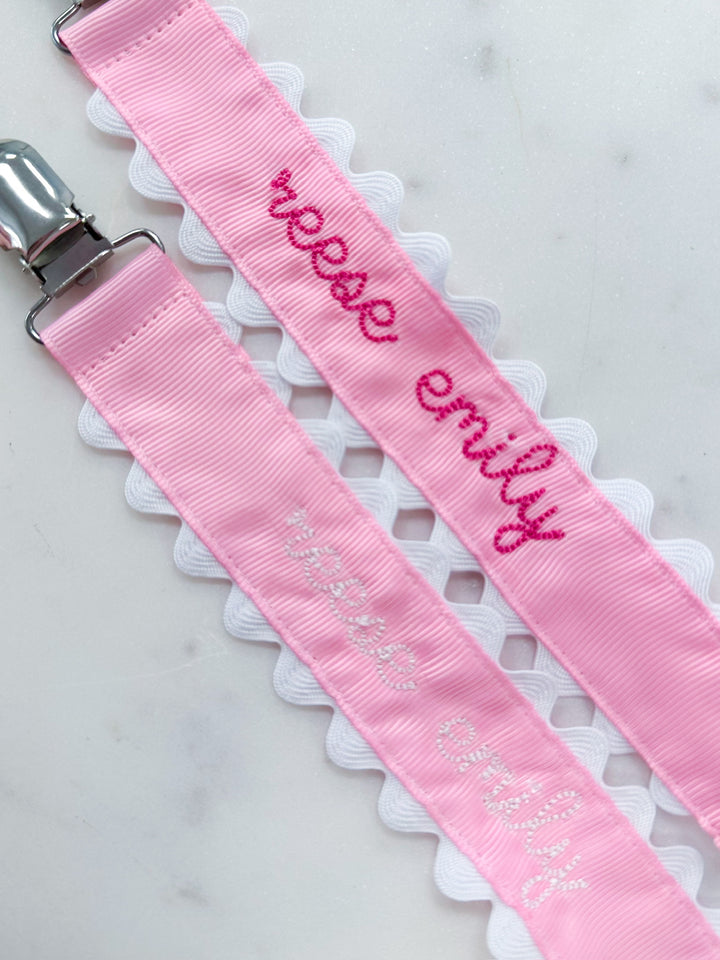 Pink Scalloped Embroidered Pacifier Clip
