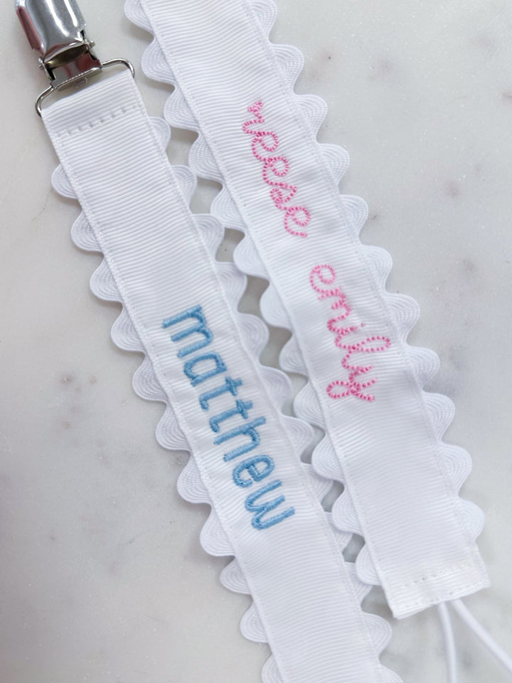 White Scalloped Embroidered Pacifier Clip