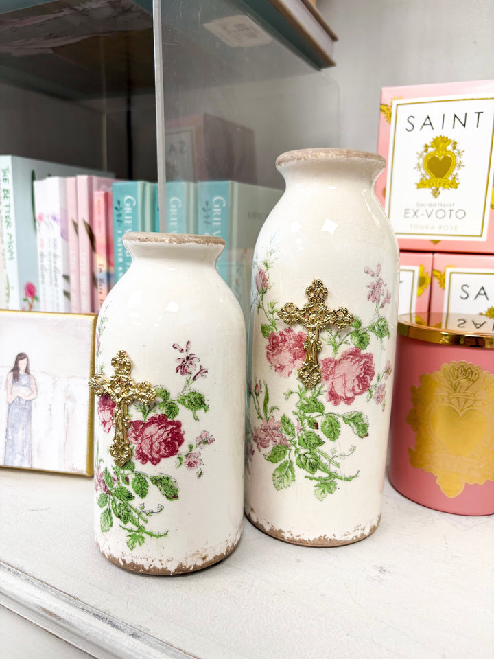 Crucifix on Pink Medium Floral Ceramic Vase