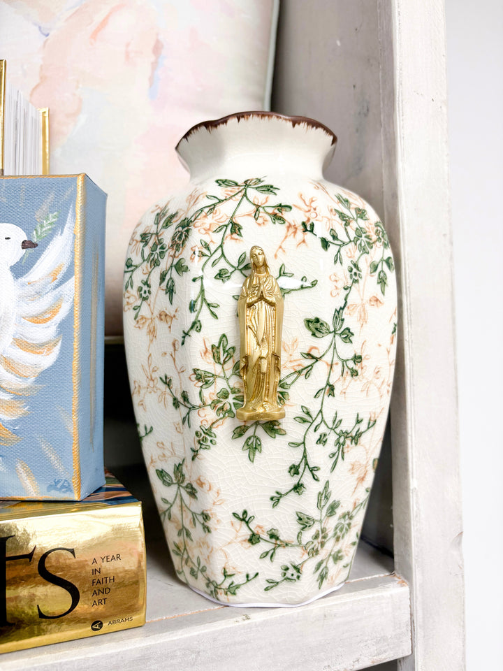 Mother Mary Intaglio on Tall Green/Beige Floral Ceramic Vase