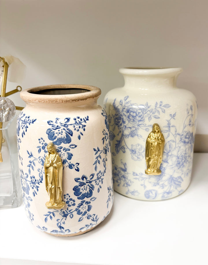 Mother Mary Intaglio on Blue/ White Chinoiserie Ceramic Vase