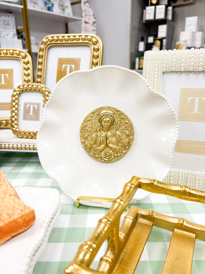 Mother Mary Intaglio on White Beaded 8" Plate w/ Gold Easel