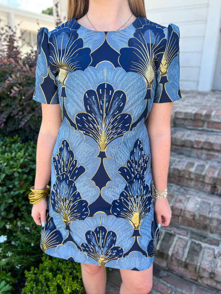 Lucille Blue & Gold Beaded Jacquard Dress