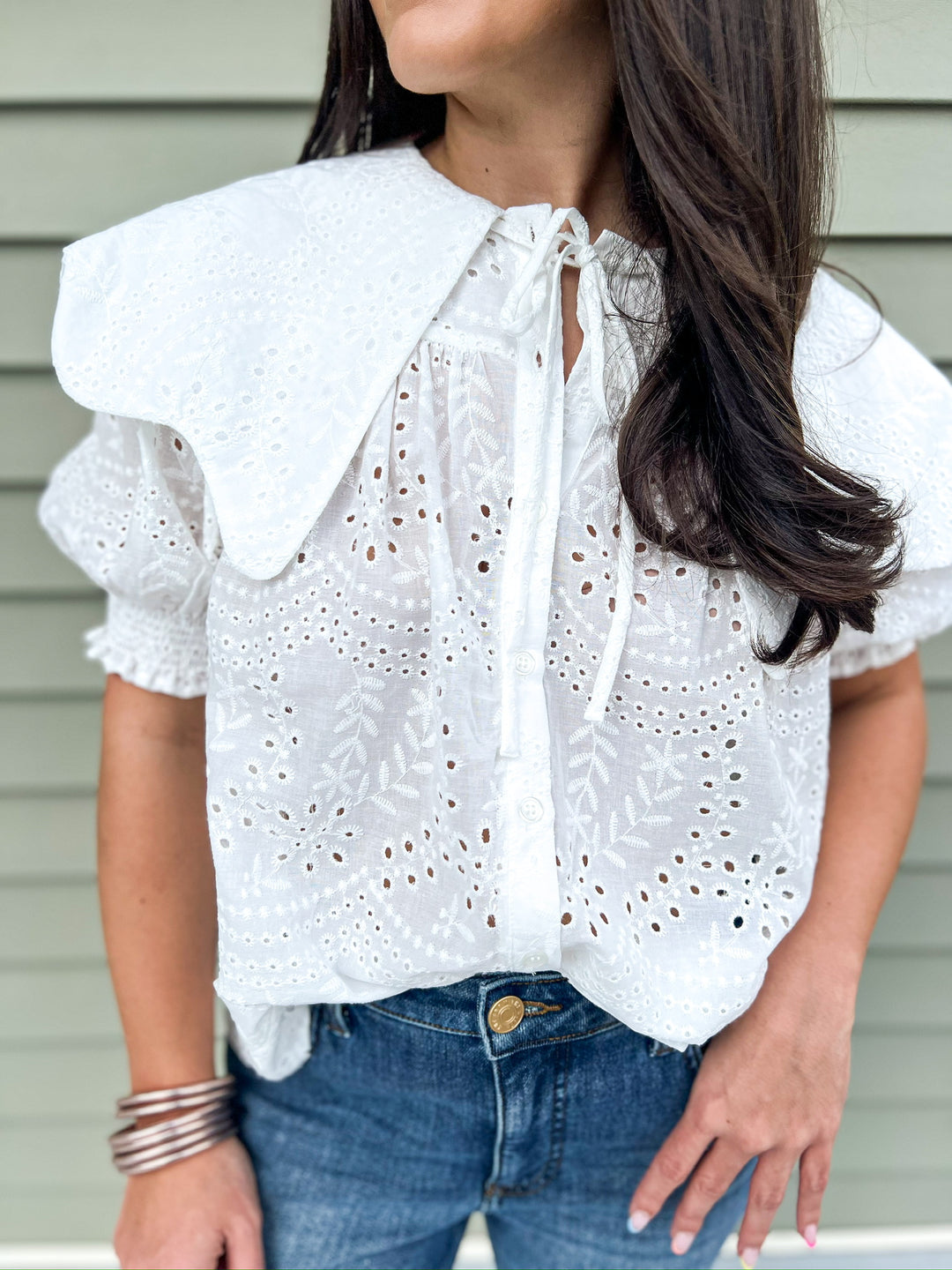 White Eyelet Novelty Collar Top