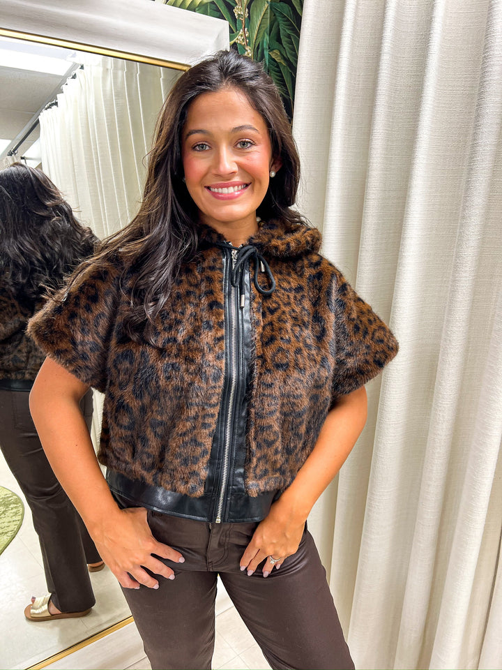 Leopard Leather Trim Hoody Vest