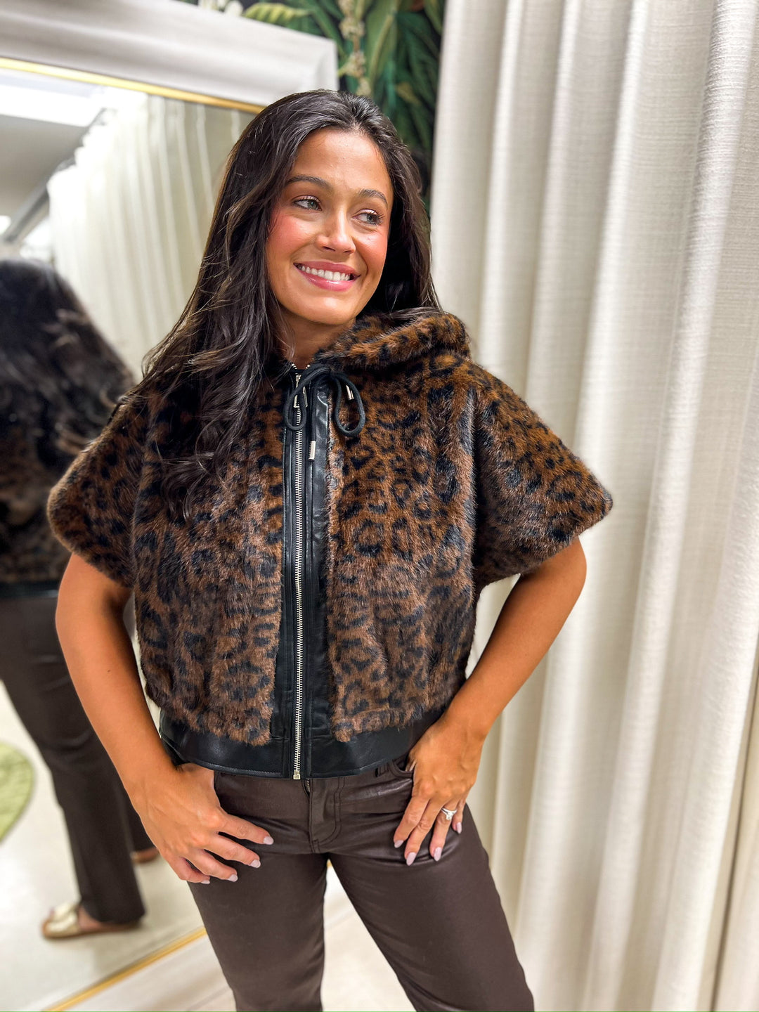 Leopard Leather Trim Hoody Vest