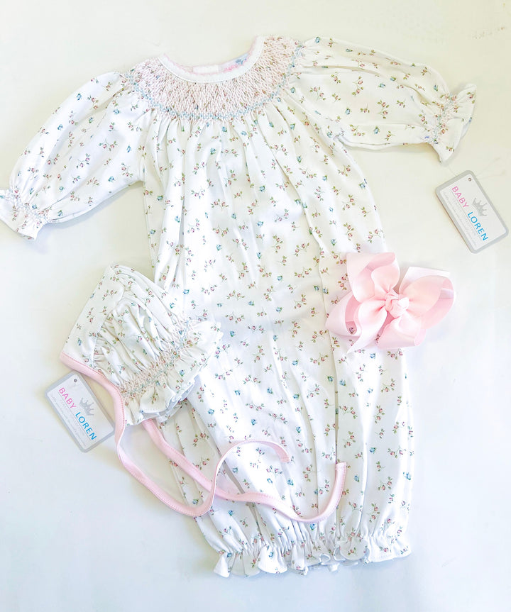 Bella Pink Floral Gown & Bonnet