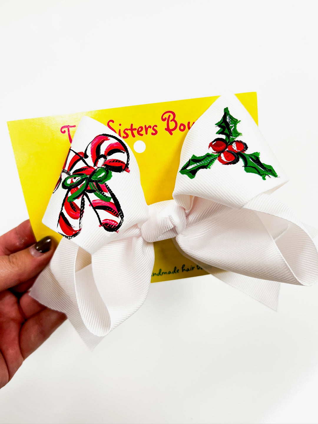 Candy Cane Holly Handpainted Bow