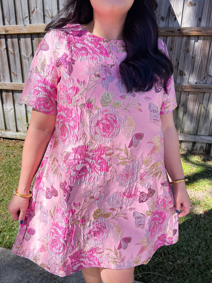 Pink Jacquard Floral Mini Shift Dress