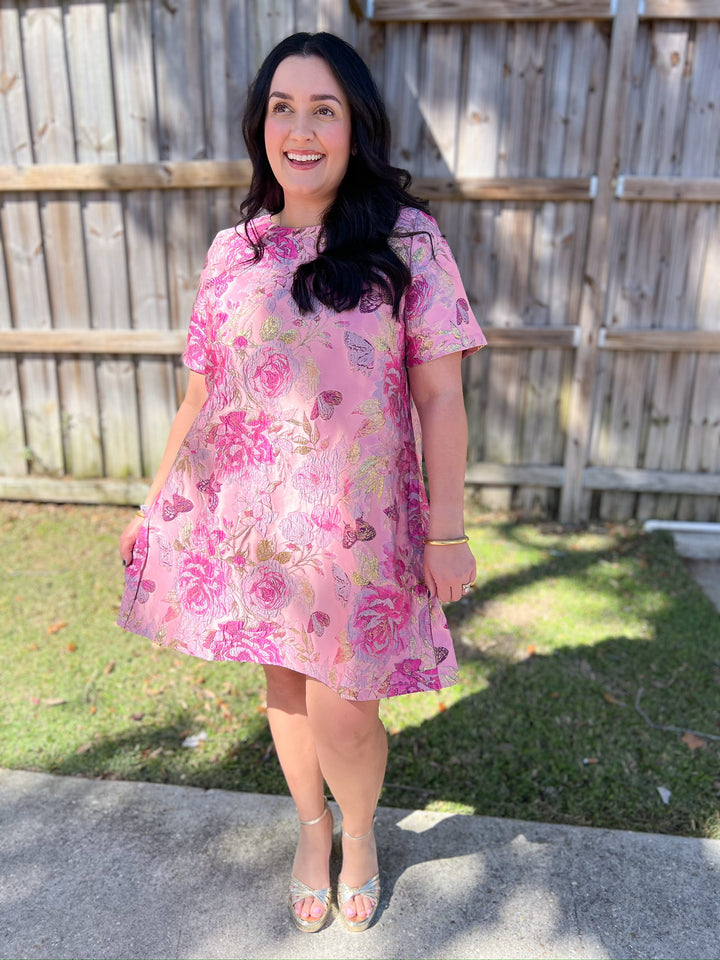 Pink Jacquard Floral Mini Shift Dress