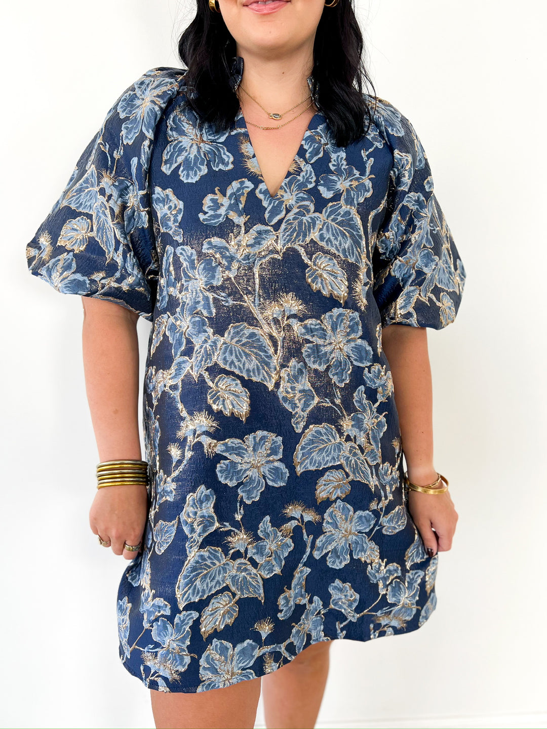 Navy & Gold Floral Metallic Mini Dress
