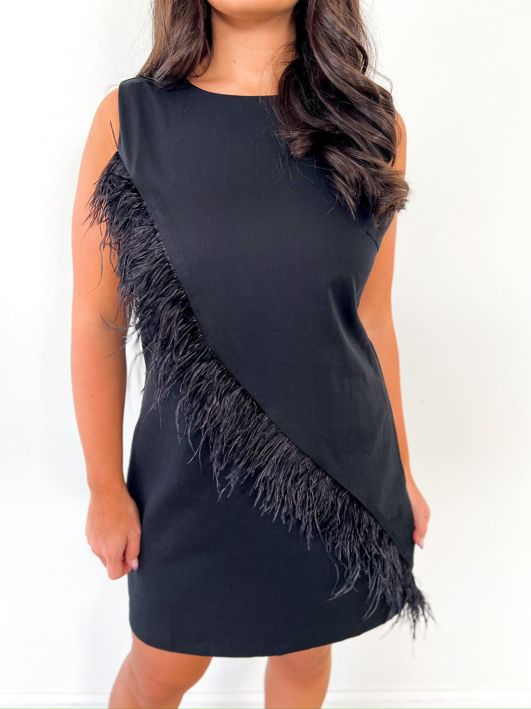 Black Feather Trim Mini Dress