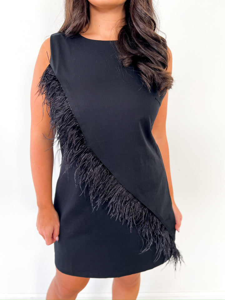 Black Feather Trim Mini Dress