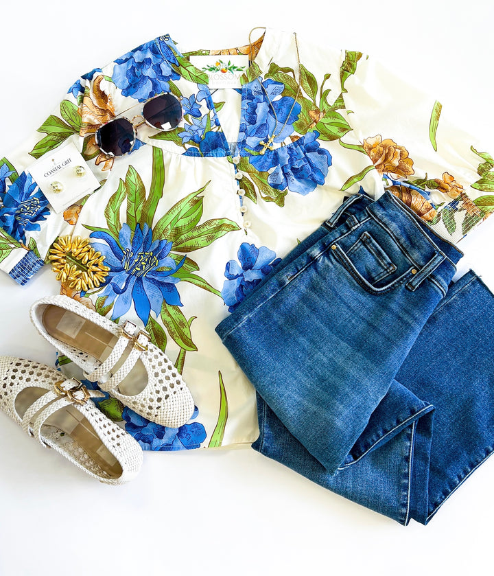 Blue Blooms Print Blouse