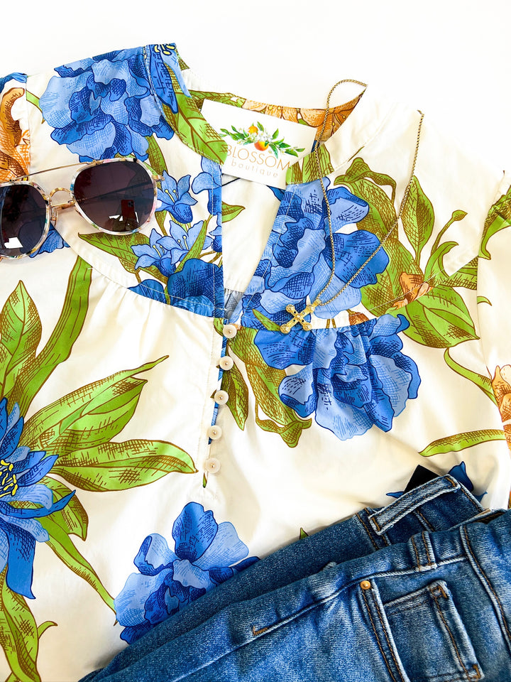 Blue Blooms Print Blouse