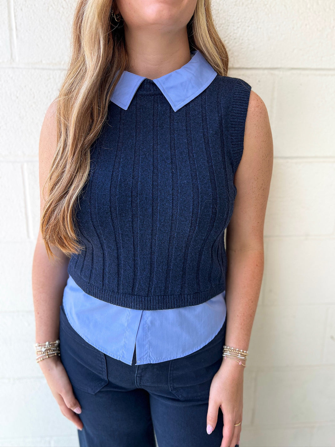 Marine Blue Combo Aleyna Collared Vest