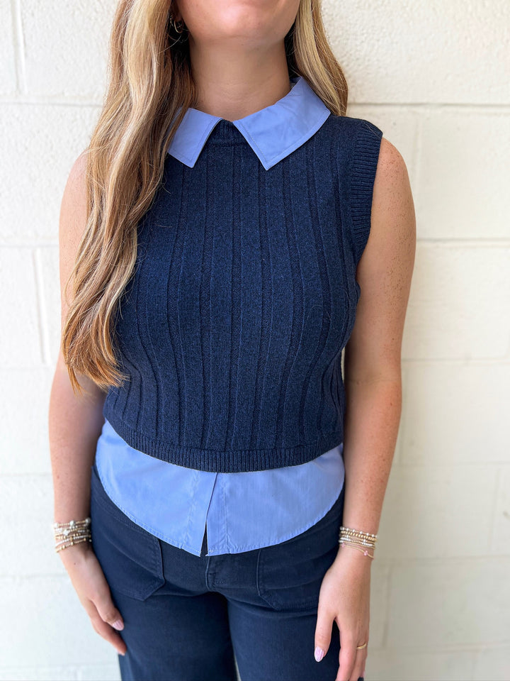 Marine Blue Combo Aleyna Collared Vest