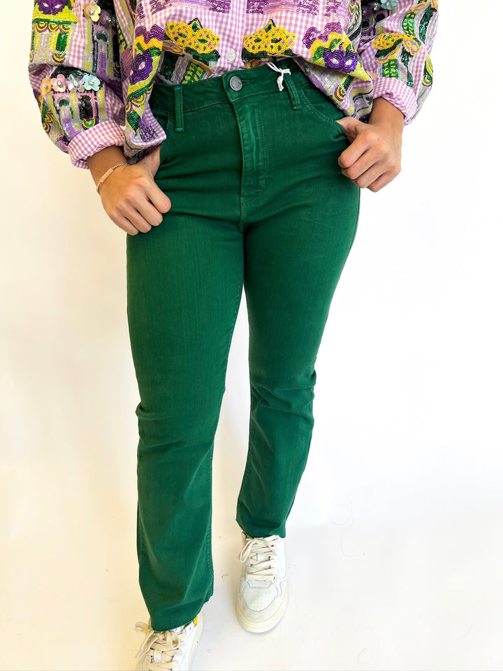 Green High Rise Tonal Crop Flare Denim