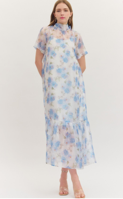 Blue Elegance Floral Organza Midi Dress