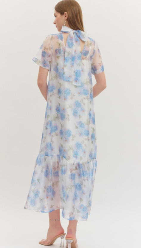 Blue Elegance Floral Organza Midi Dress