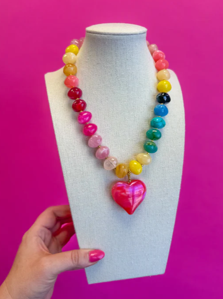 Hot Pink Bauble Bead Heart Necklace