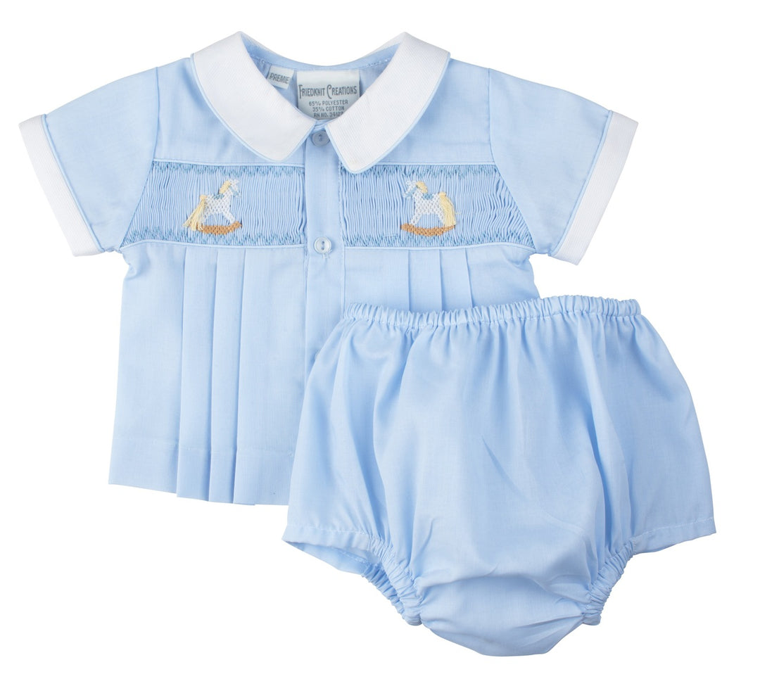 Blue Smocked Rocking Horse Diaper Set